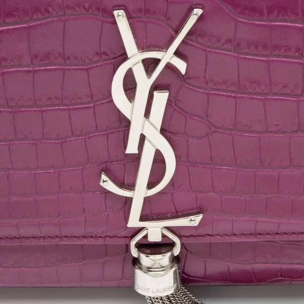 Saint Laurent Croc Embossed Leather Monogram Kate Tassel Small Shoulder Bag